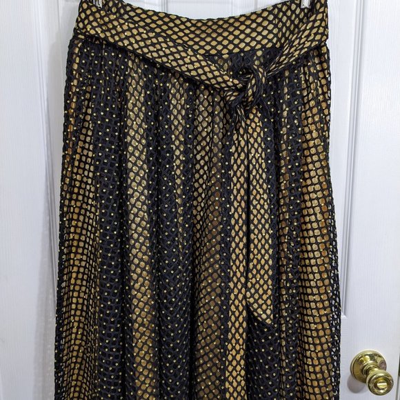 Raquel Black Net Overlay Gold Liner Crystals Tie Belt Maxi Skirt - size 1XL NWT - Picture 5 of 14